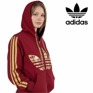 Adidas Y2K Original Trefoil Zip Front Burgundy‎ Gold 2000’s Hoodie - Size S